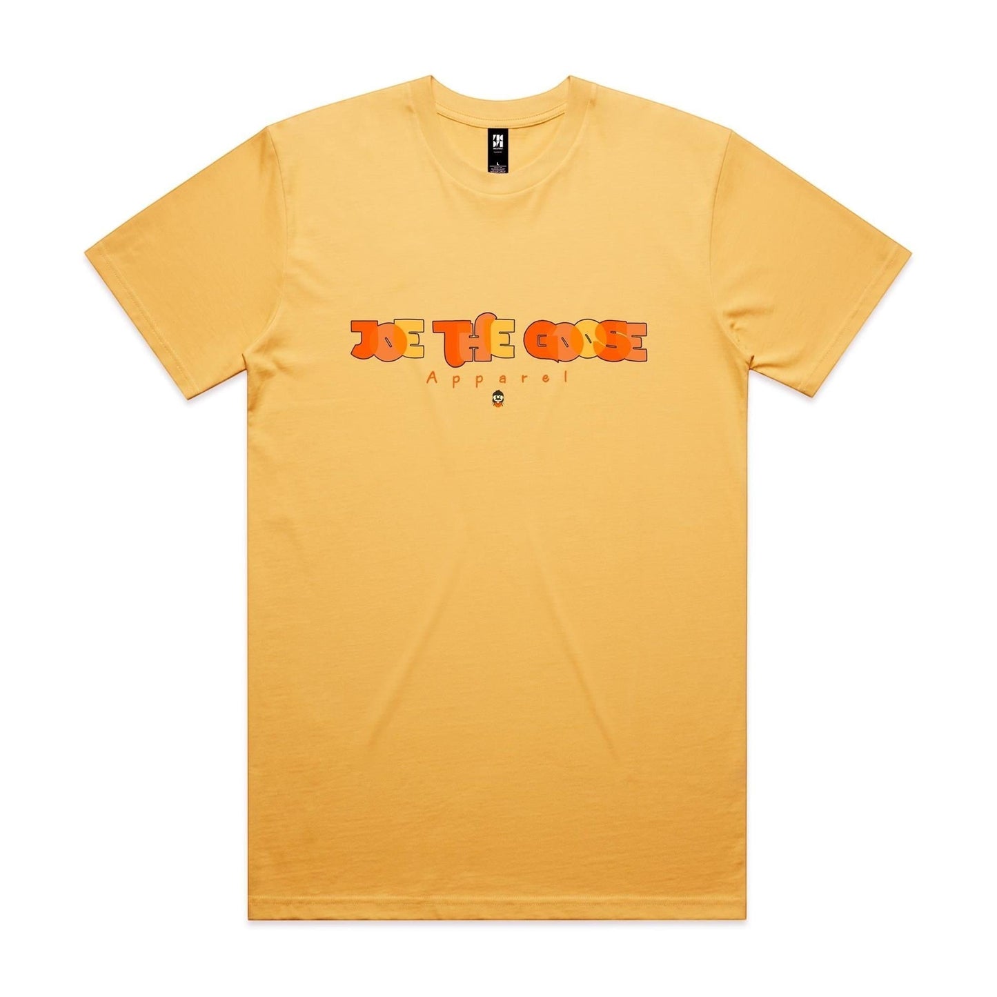 Joe the Goose Apparel yellow cotton t-shirt with orange and yellow graphic logo on chest.