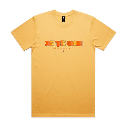 Joe the Goose Apparel yellow cotton t-shirt with orange and yellow graphic logo on chest.