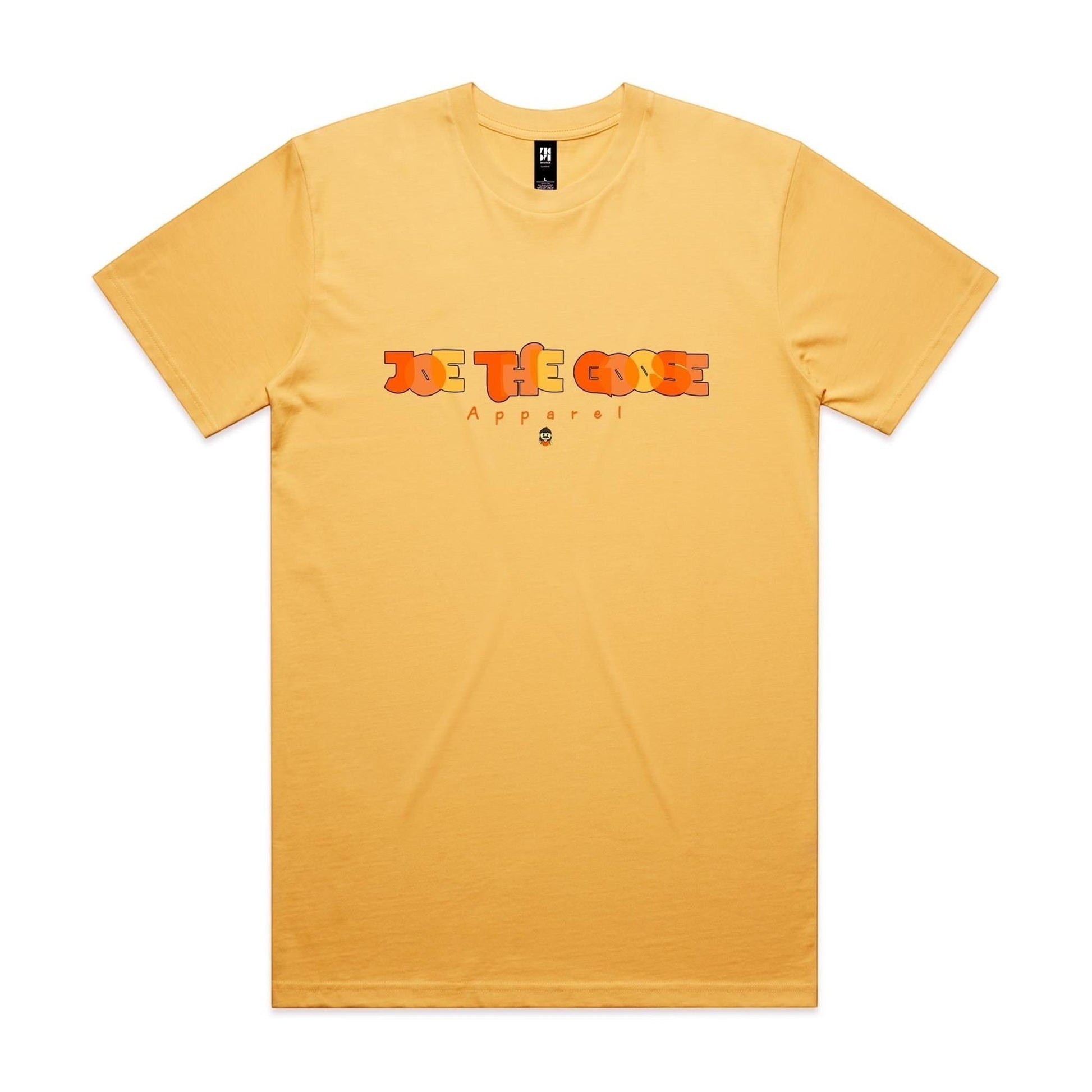 Joe the Goose Apparel yellow cotton t-shirt with orange and yellow graphic logo on chest.
