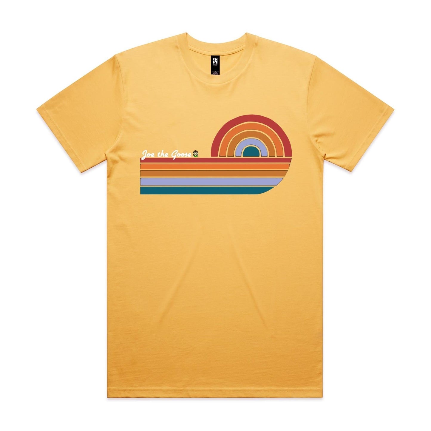 Joe the Goose Apparel yellow 100% combed cotton t-shirt with retro wave graphic and text "Joe the Goose"